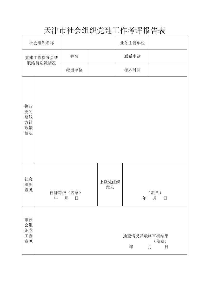 天津市社会组织党建工作考评报告表