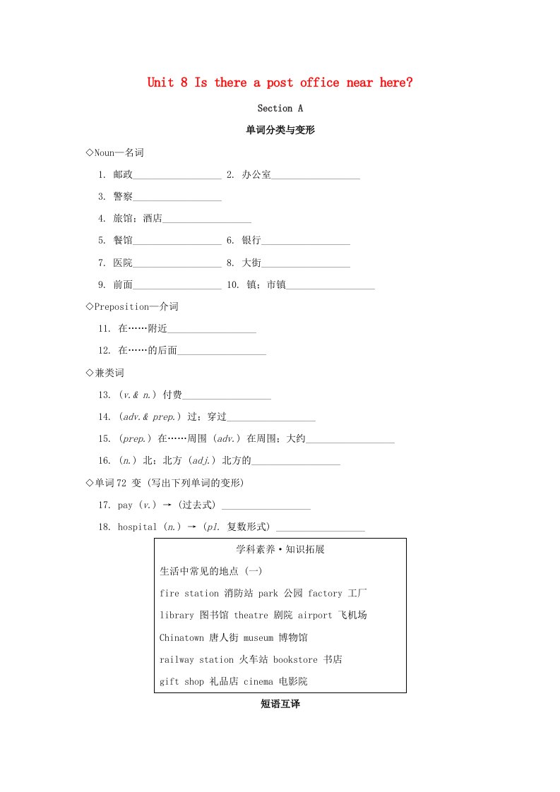 广东省2024七年级英语下册Unit8IsthereapostofficenearhereSectionA基础过关新版人教新目标版