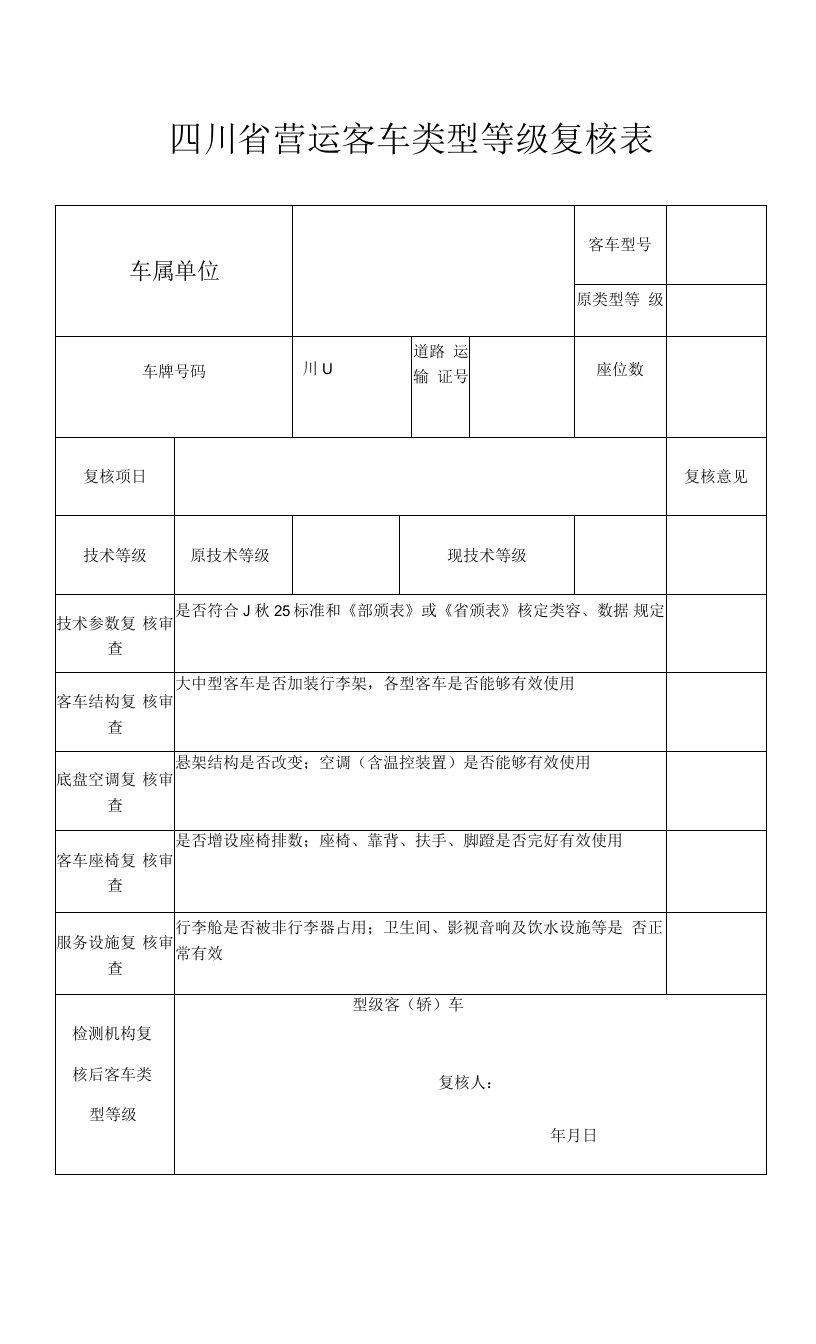 新四川省营运客车类型等级复核表