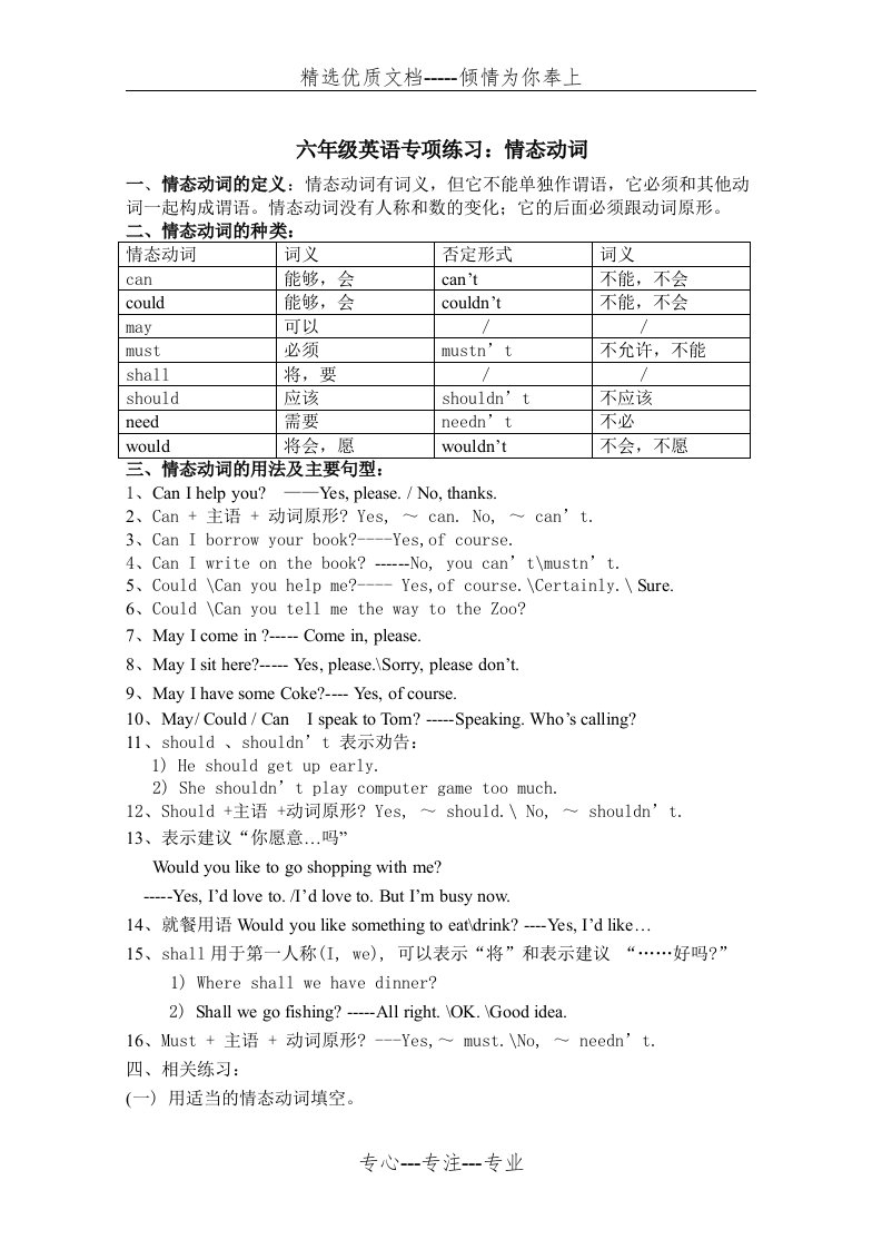 小学六年级英语毕业复习资料【情态动词、各种时态】(共6页)