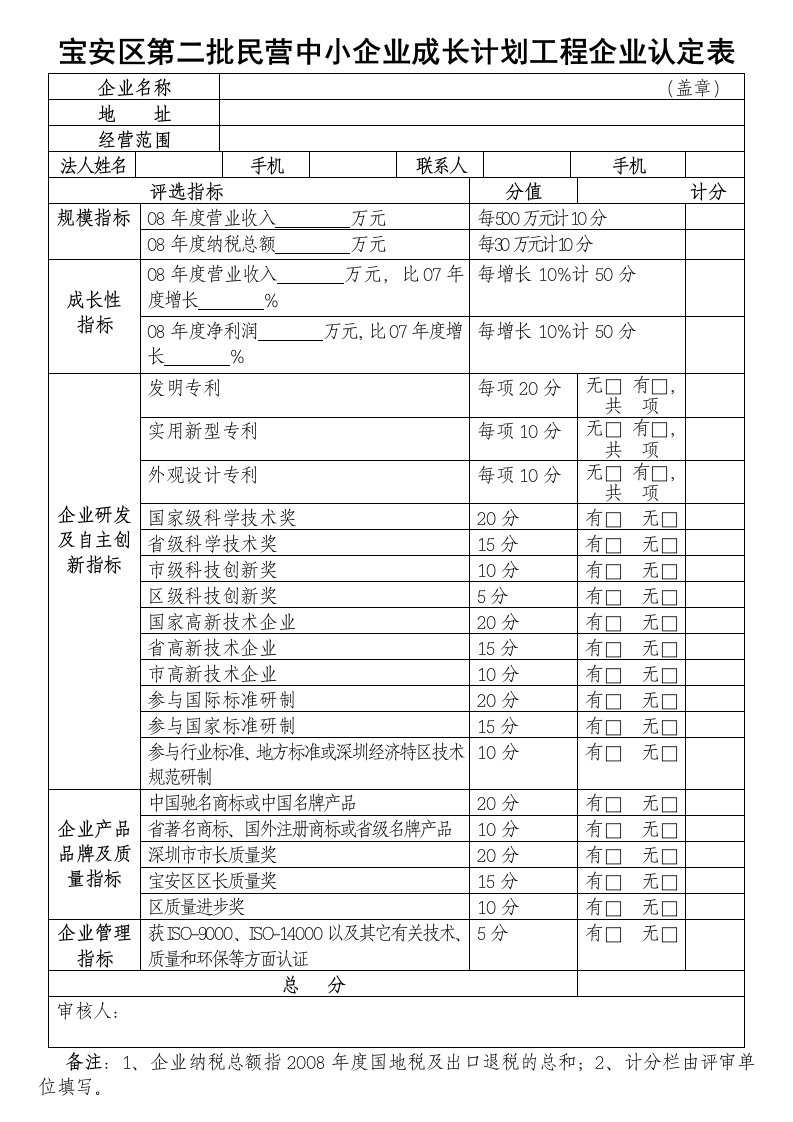 宝安区第二批民营中小企业成长计划工程企业认定表