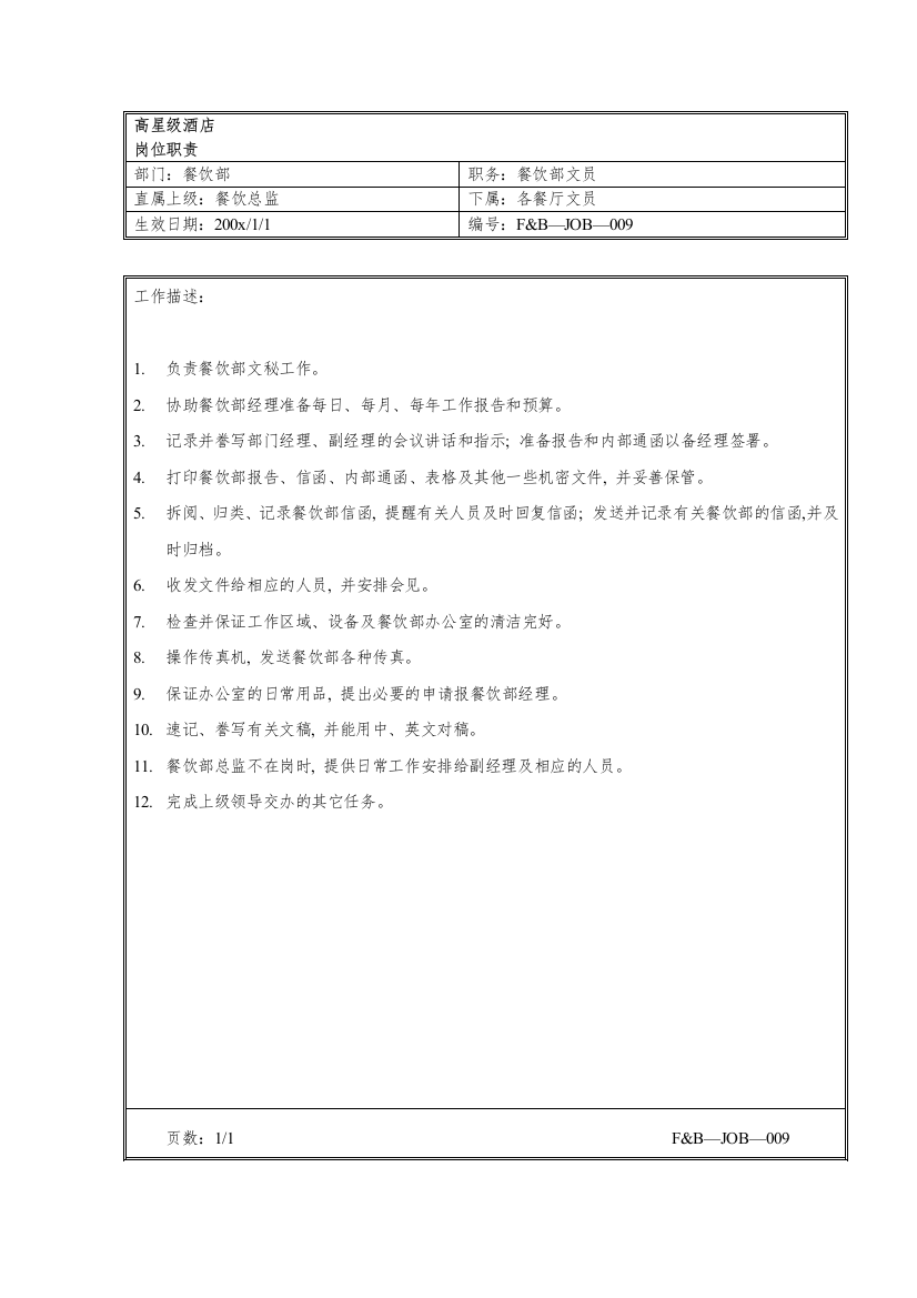 高星级酒店餐饮部文员岗位职责