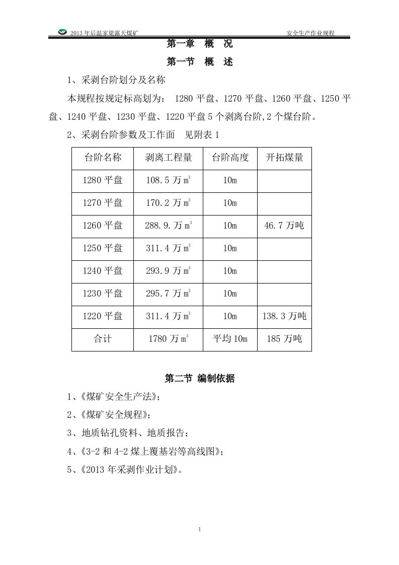 2013年后温家梁露天矿《作业规程》