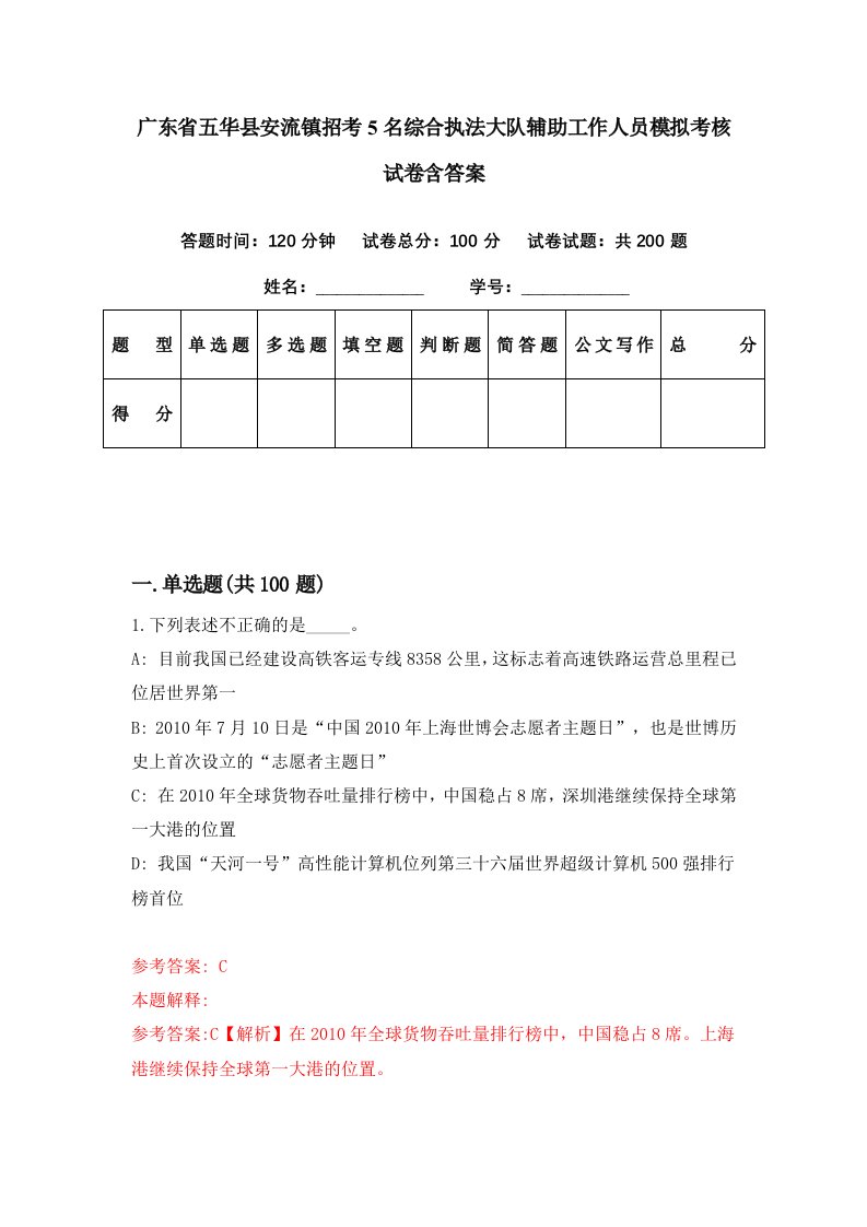 广东省五华县安流镇招考5名综合执法大队辅助工作人员模拟考核试卷含答案4