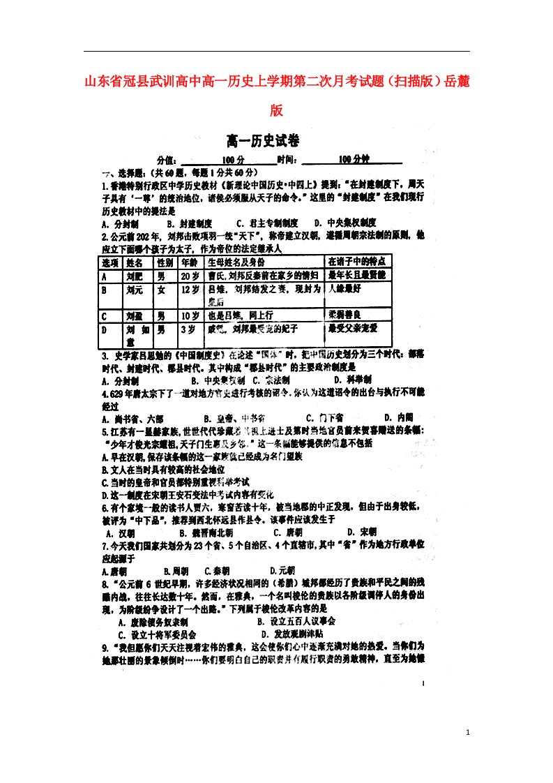 山东省冠县武训高中高一历史上学期第二次月考试题（扫描版）岳麓版