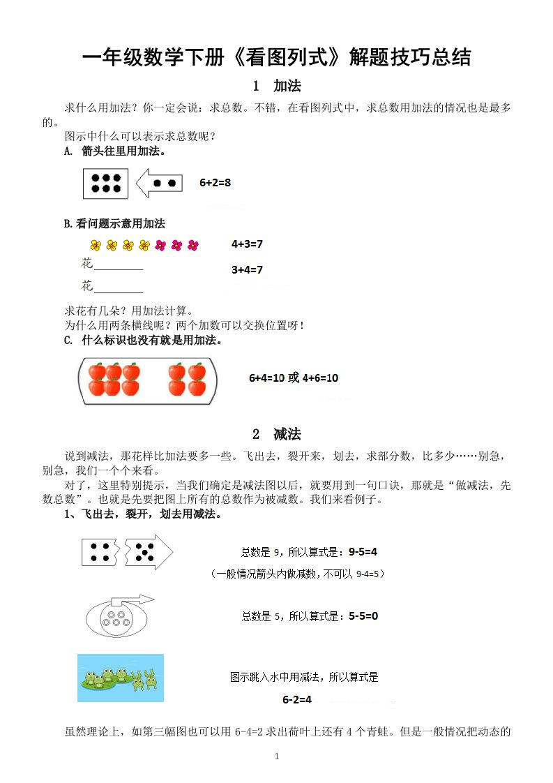 小学数学一年级下册《看图列式》解题技巧总结（期末必考题）