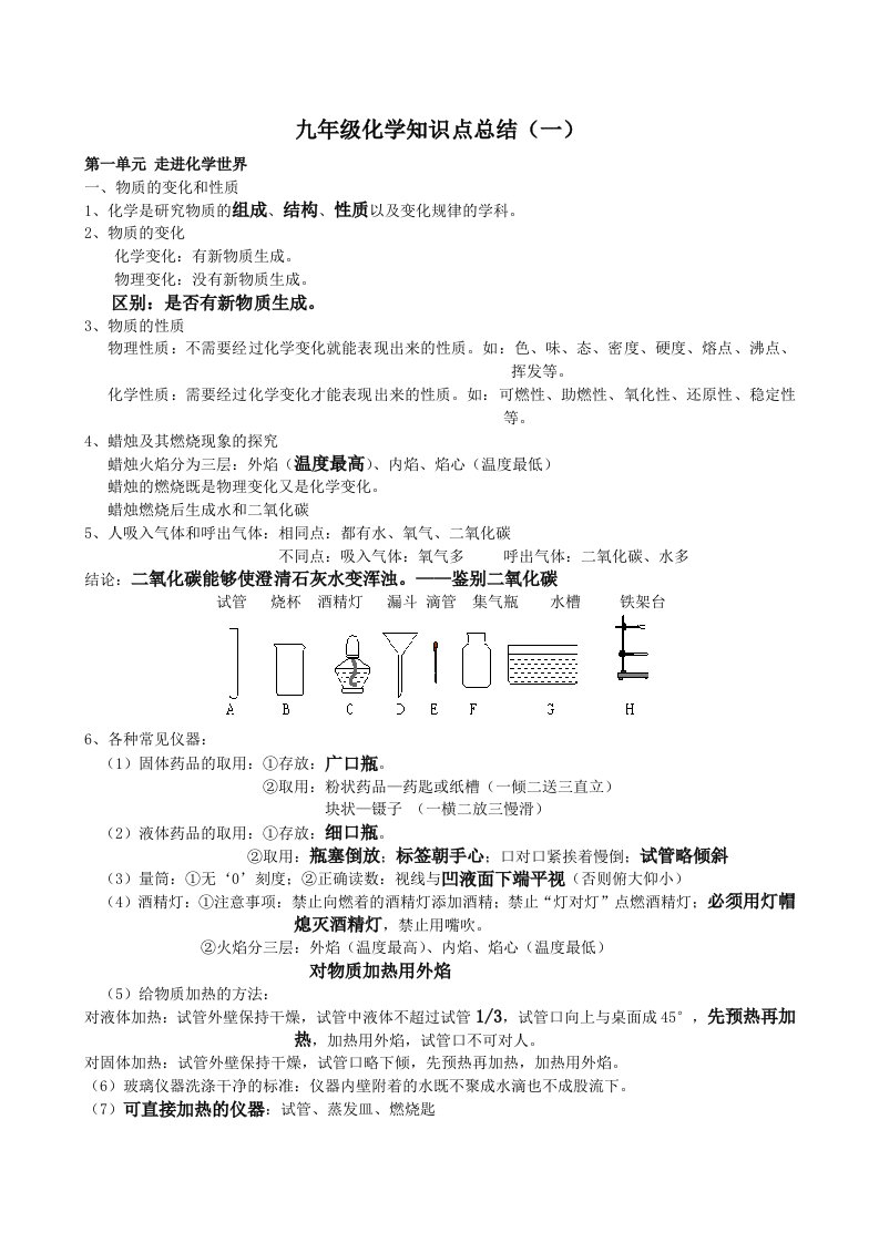 九年级化学知识点总结(一)