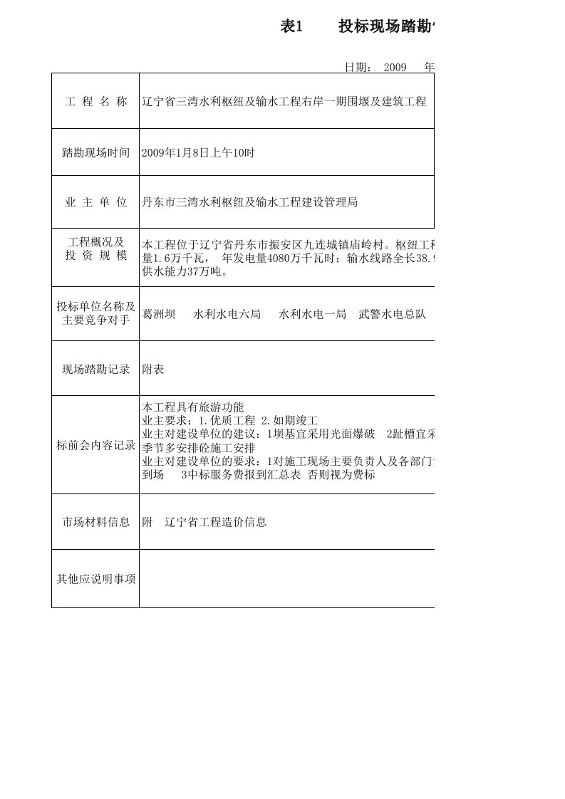 投标现场踏勘情况汇报表