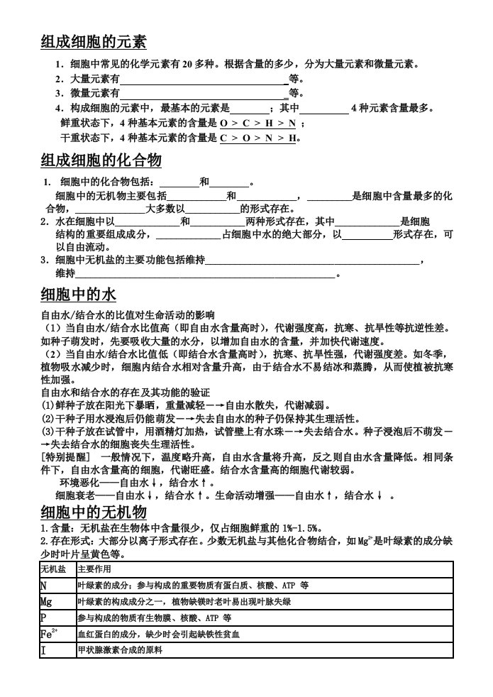 细胞中的元素和化合物知识点汇总