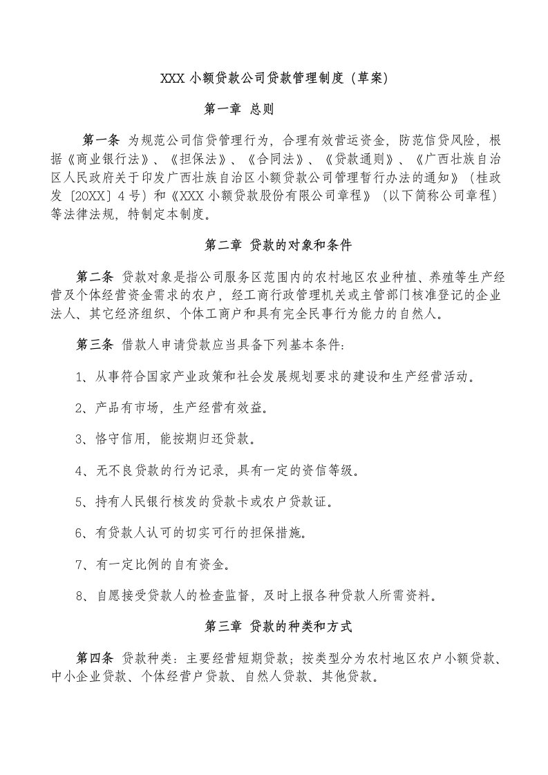 小额贷款公司信贷业务管理制度草案