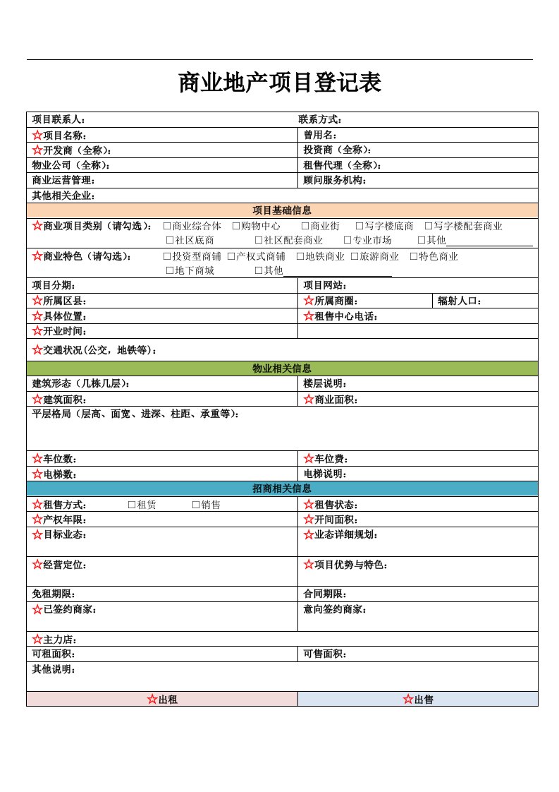 商业地产招商项目登记表