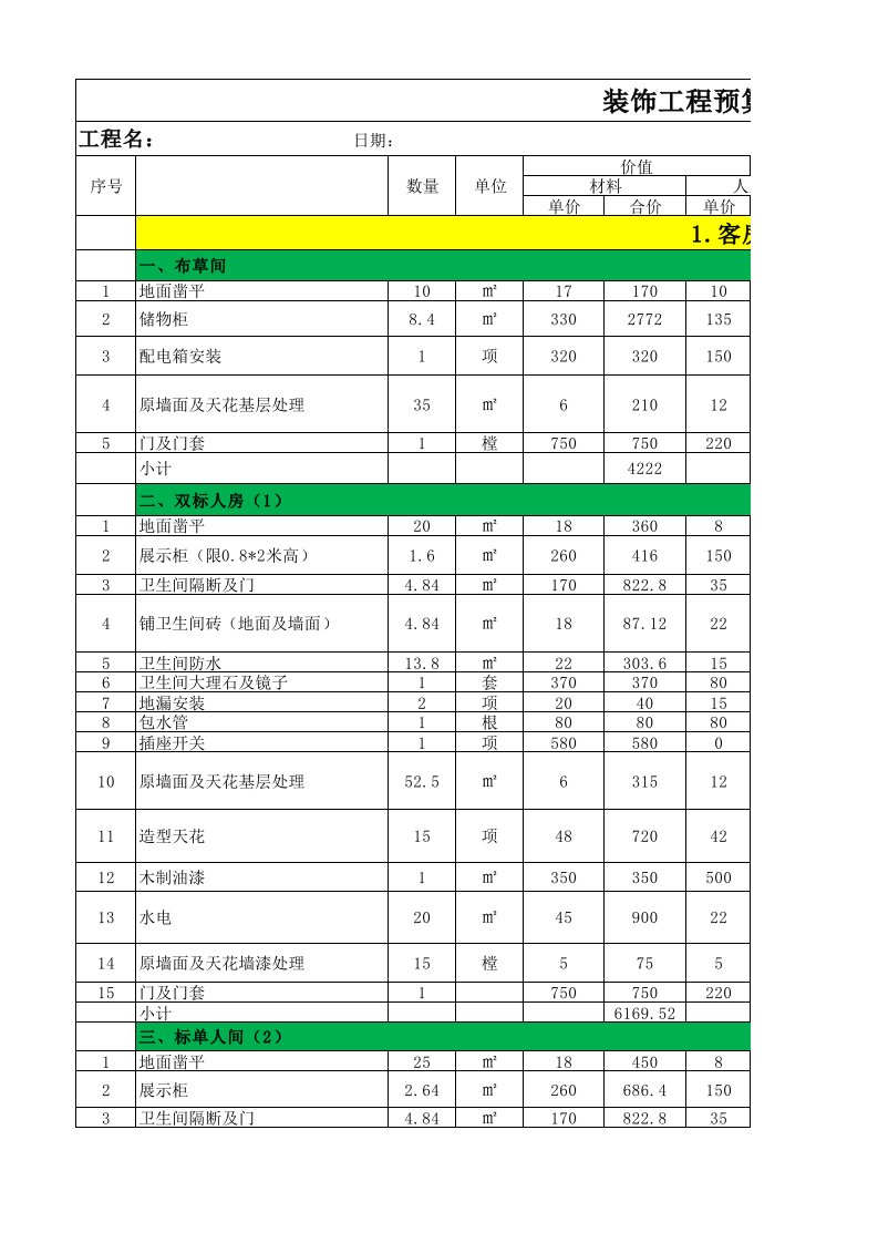 酒店装饰工程预算清单