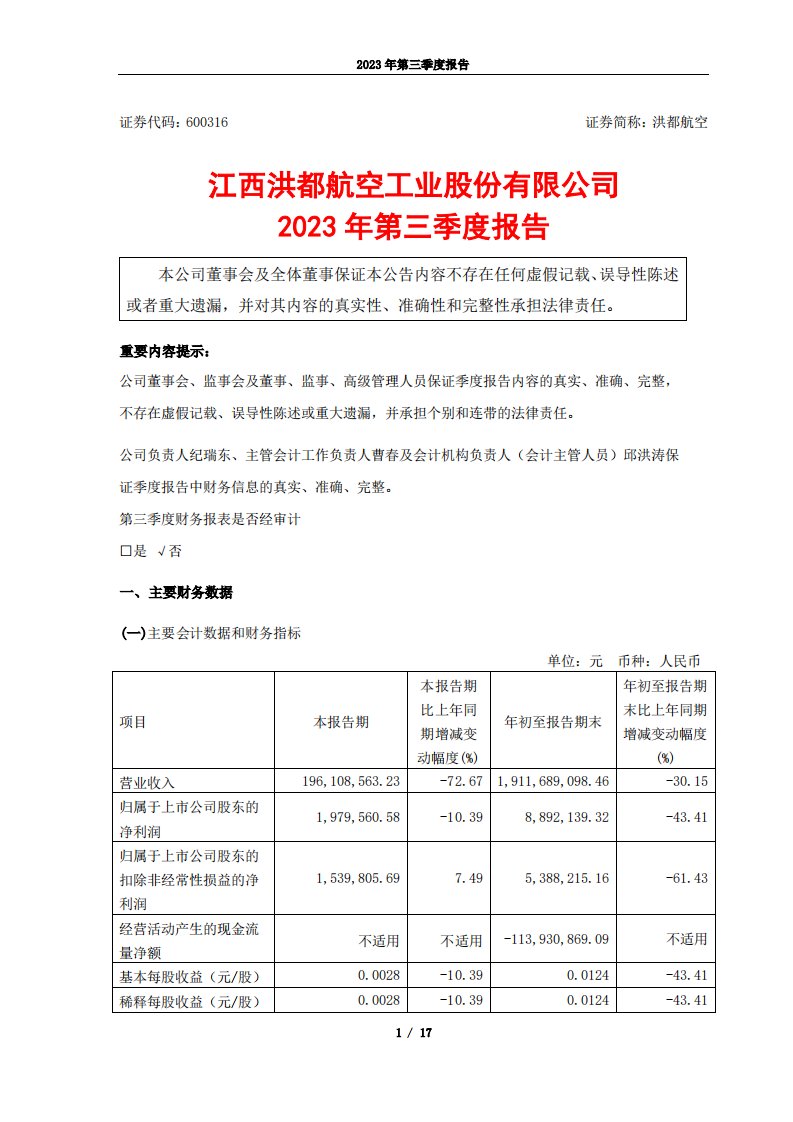 上交所-江西洪都航空工业股份有限公司2023年第三季度报告-20231024