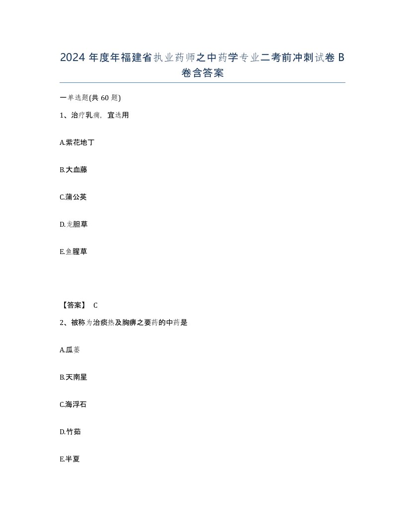 2024年度年福建省执业药师之中药学专业二考前冲刺试卷B卷含答案