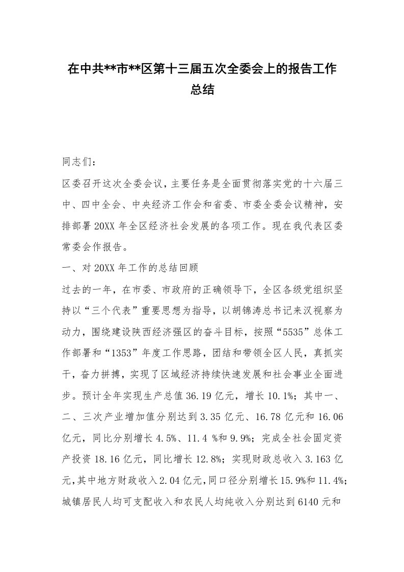 在中共--市--区第十三届五次全委会上的报告工作总结