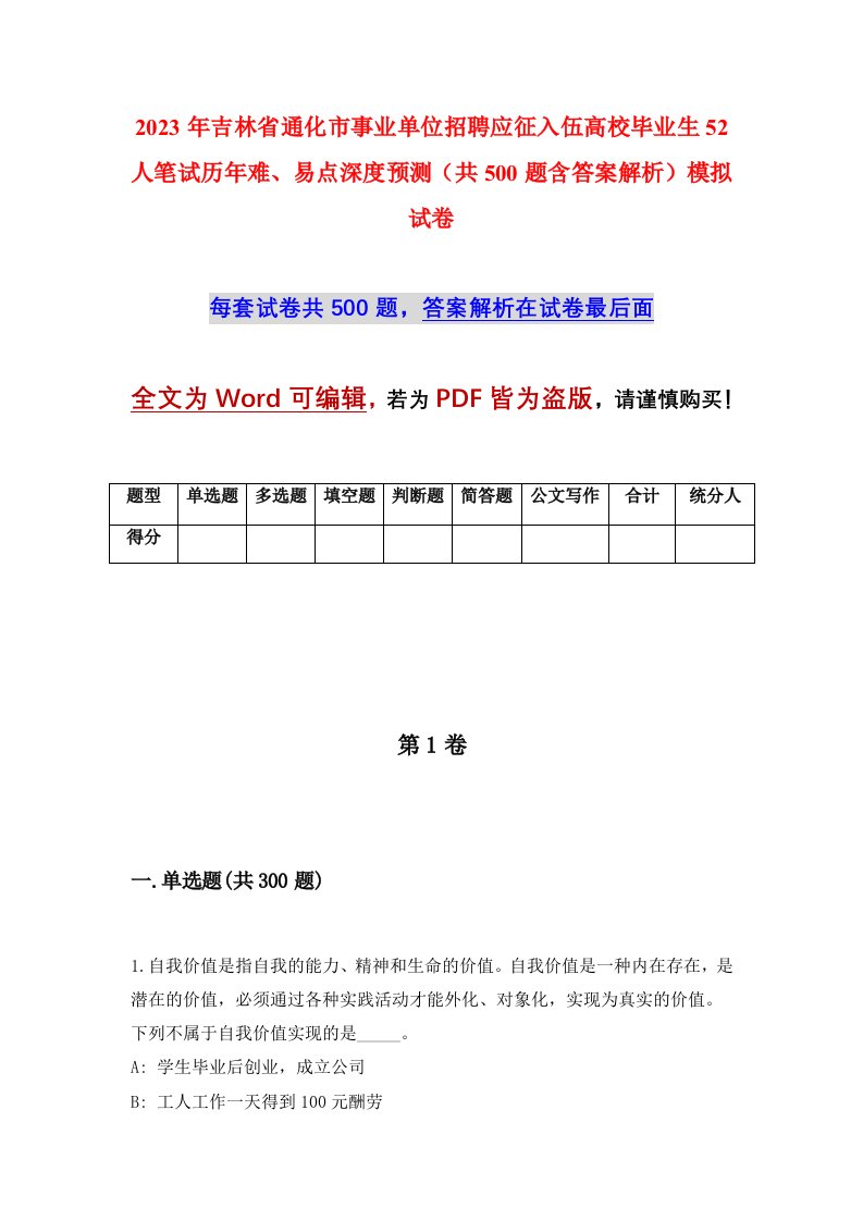 2023年吉林省通化市事业单位招聘应征入伍高校毕业生52人笔试历年难易点深度预测共500题含答案解析模拟试卷