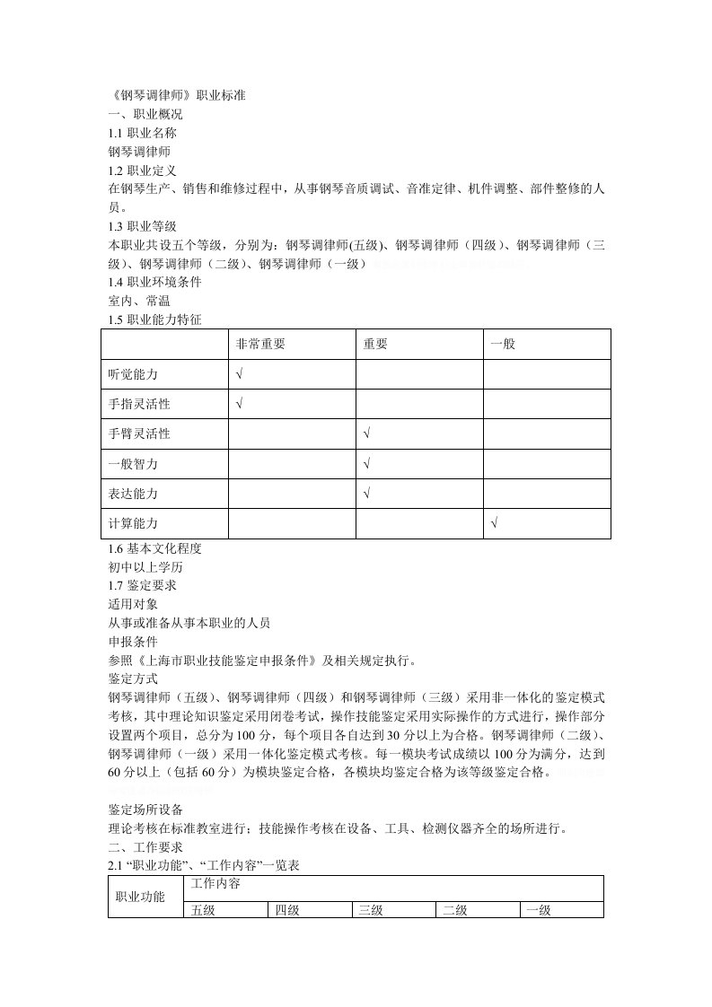 钢琴调律师职业标准