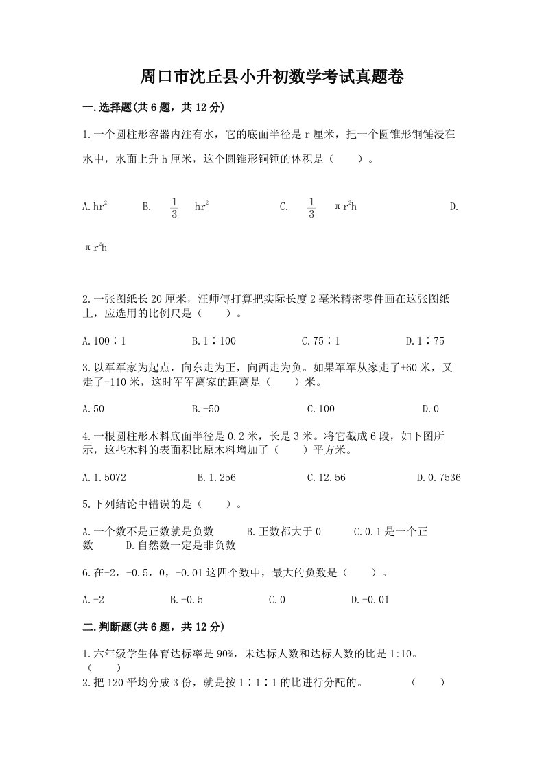 周口市沈丘县小升初数学考试真题卷含答案