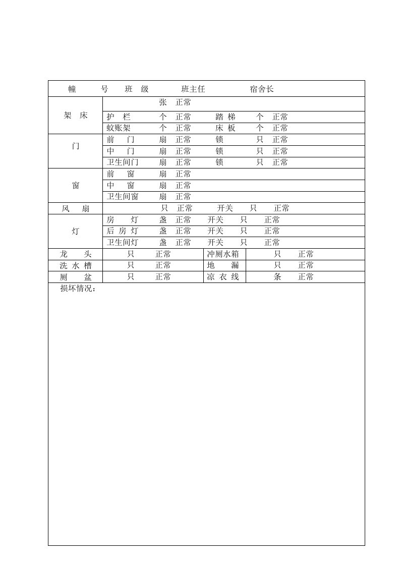 各班宿舍财产清查登记表