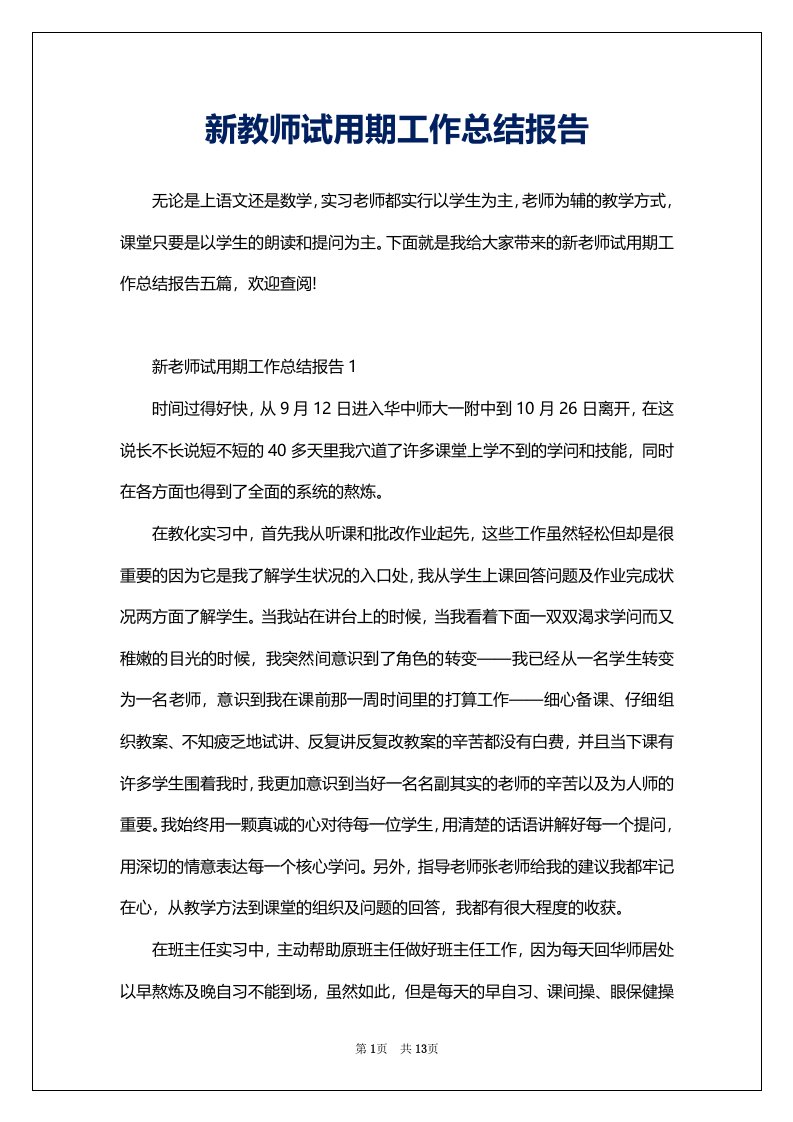 新教师试用期工作总结报告