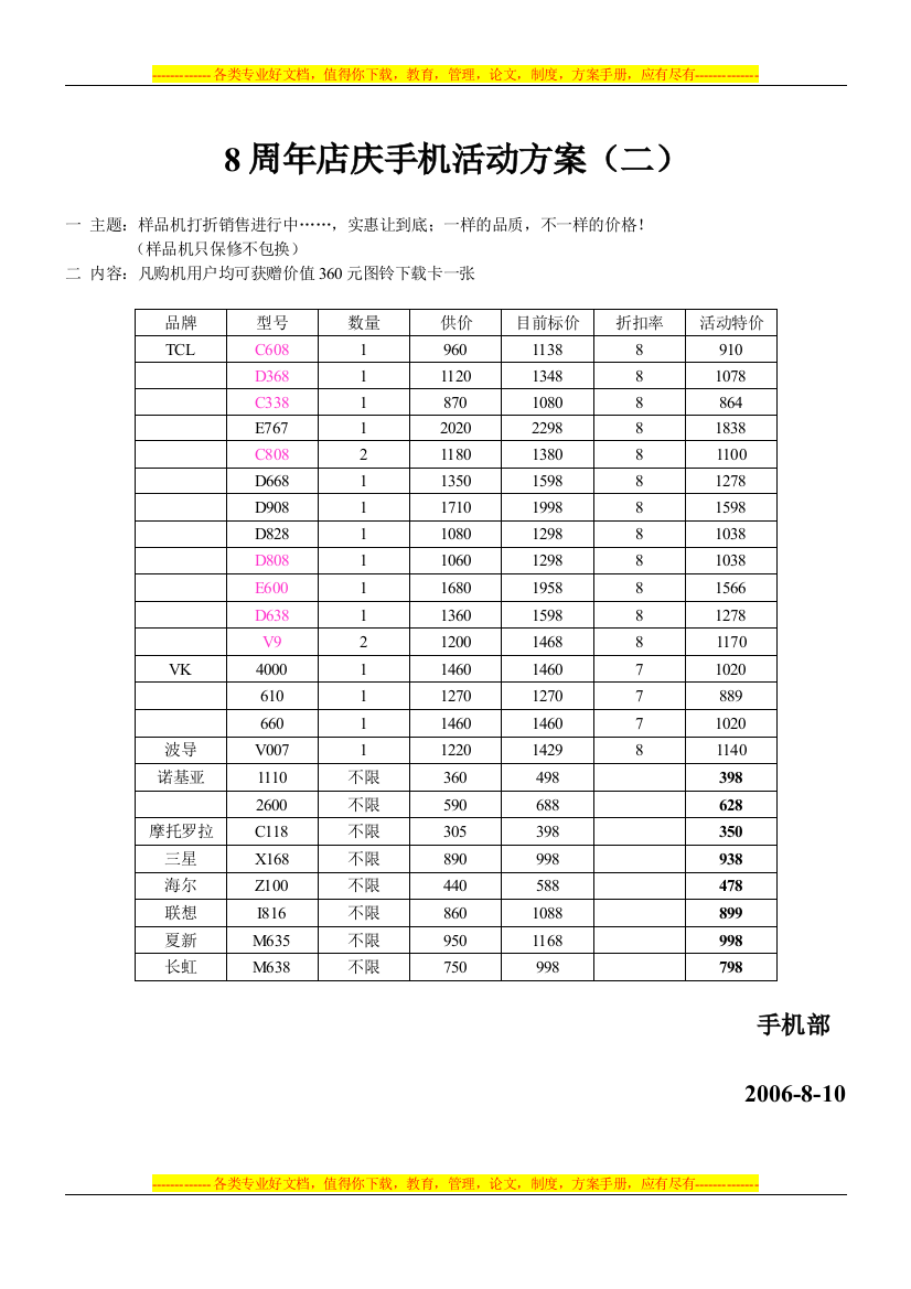 06年8周年店庆活动方案