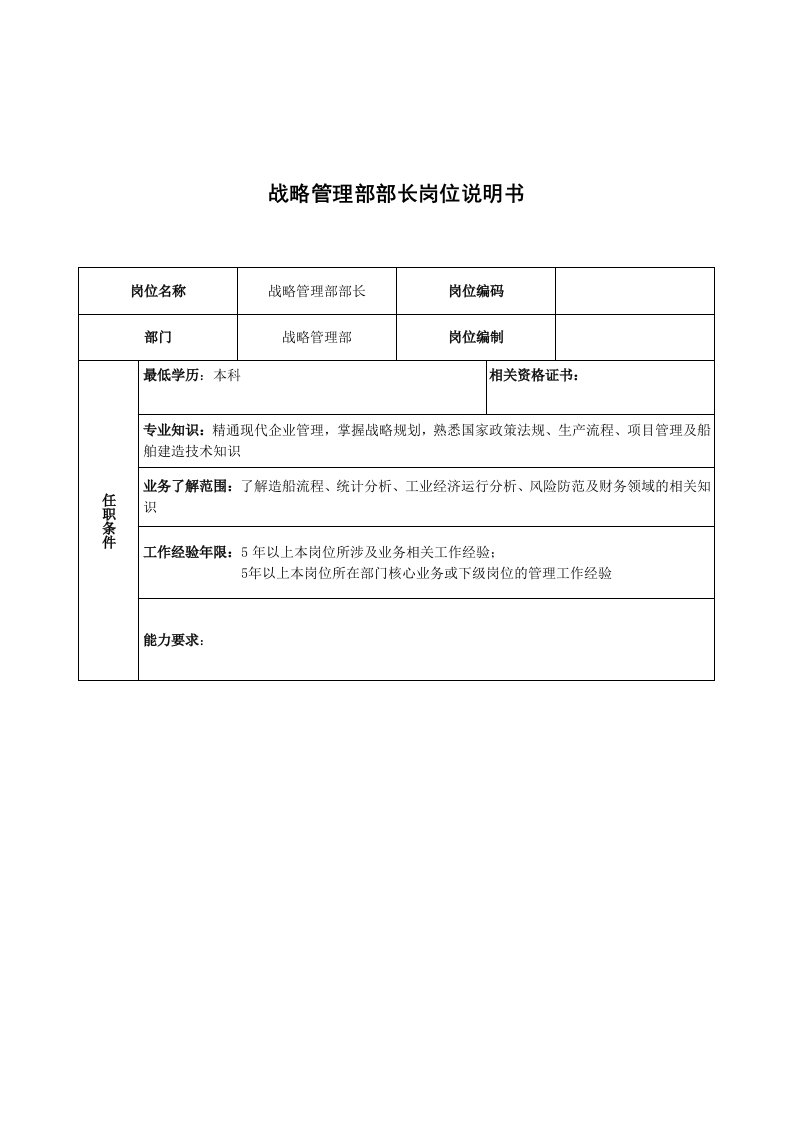 战略管理-广船国际战略管理部部长岗位说明书