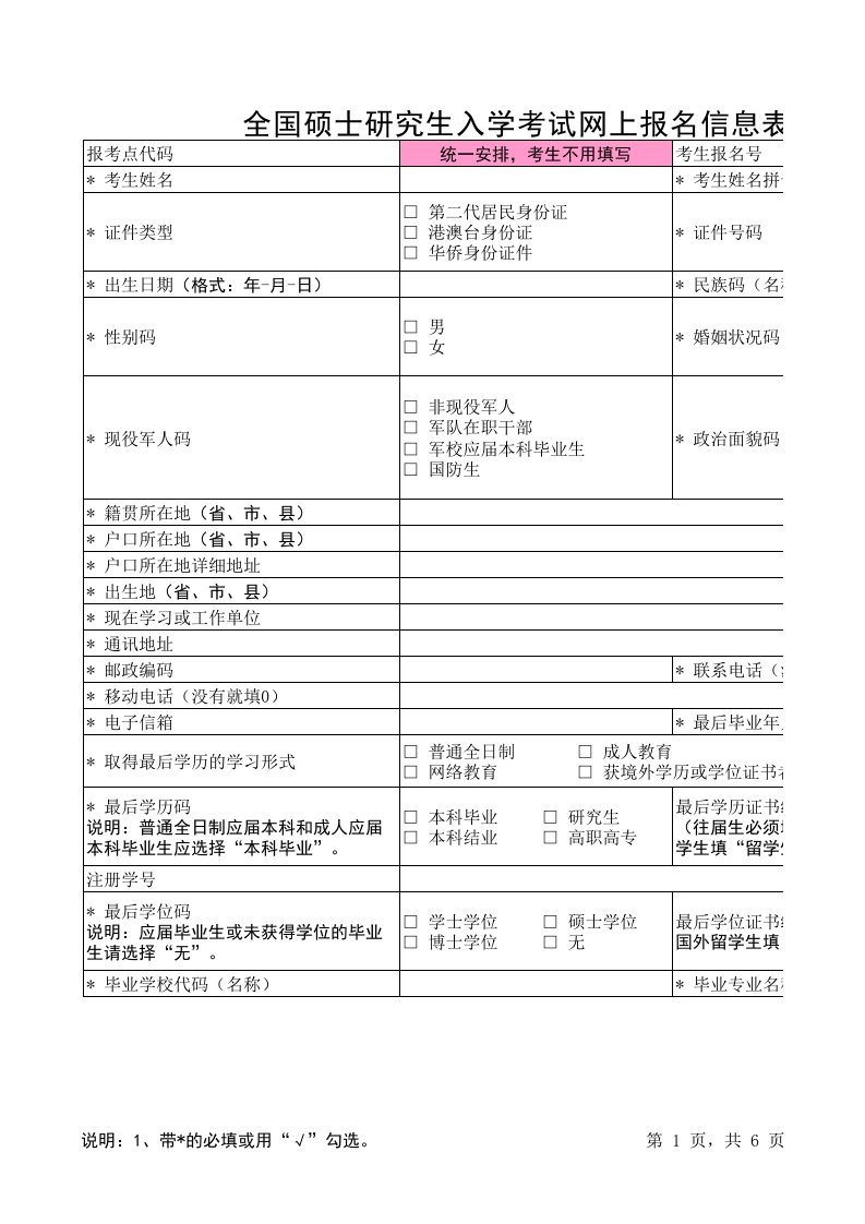 全国硕士研究生入学考试网上报名信息表