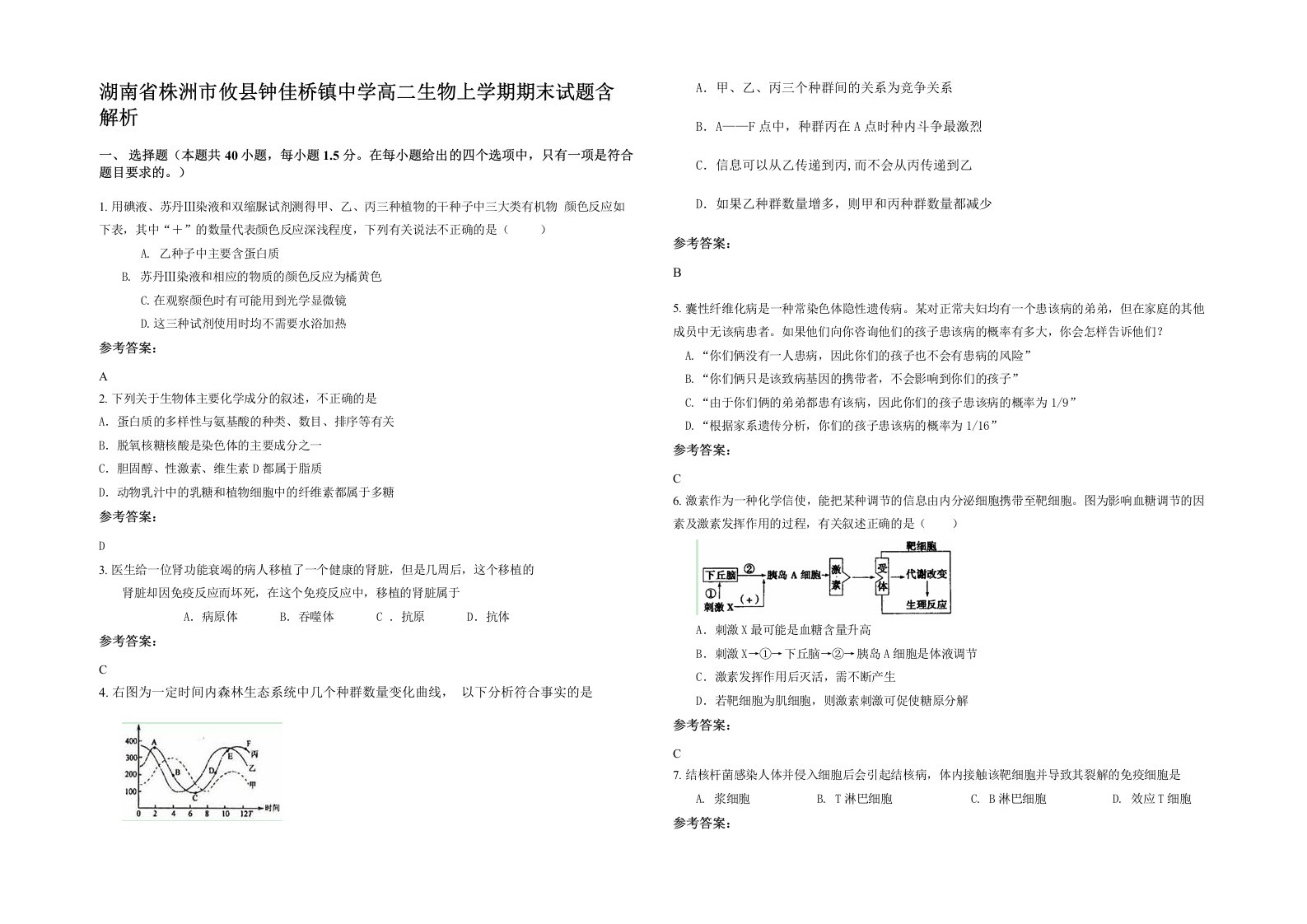 湖南省株洲市攸县钟佳桥镇中学高二生物上学期期末试题含解析