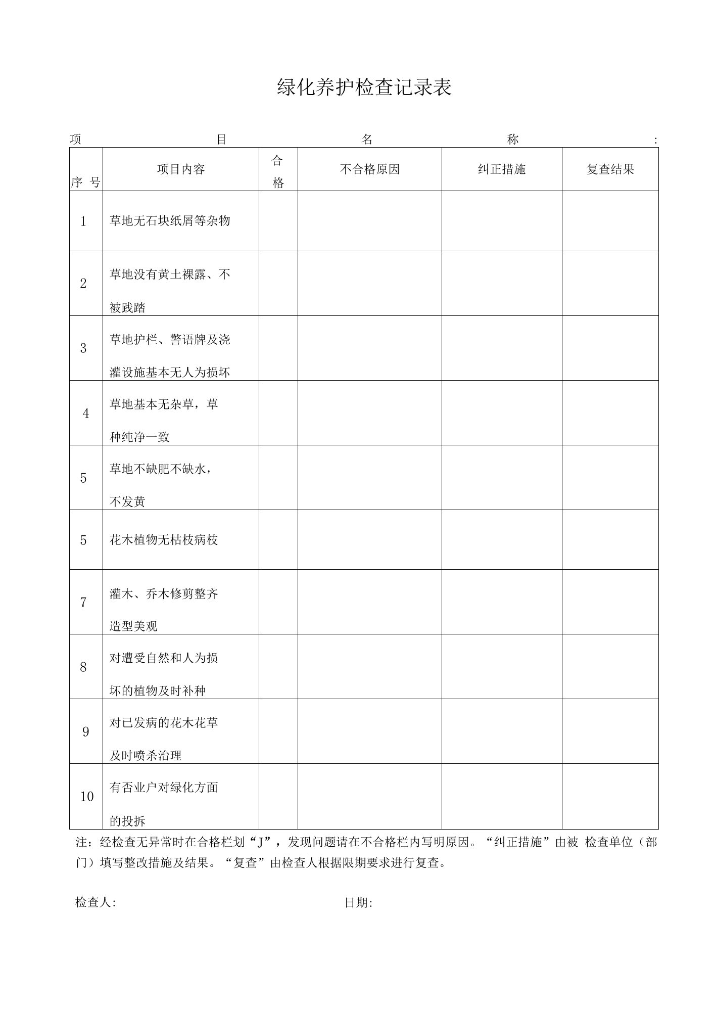 物业绿化养护检查记录表