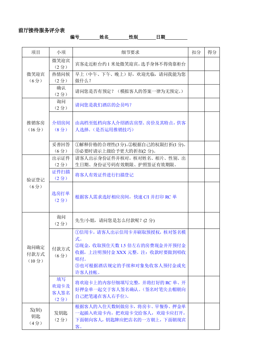 酒店前厅接待入住流程及评分标准