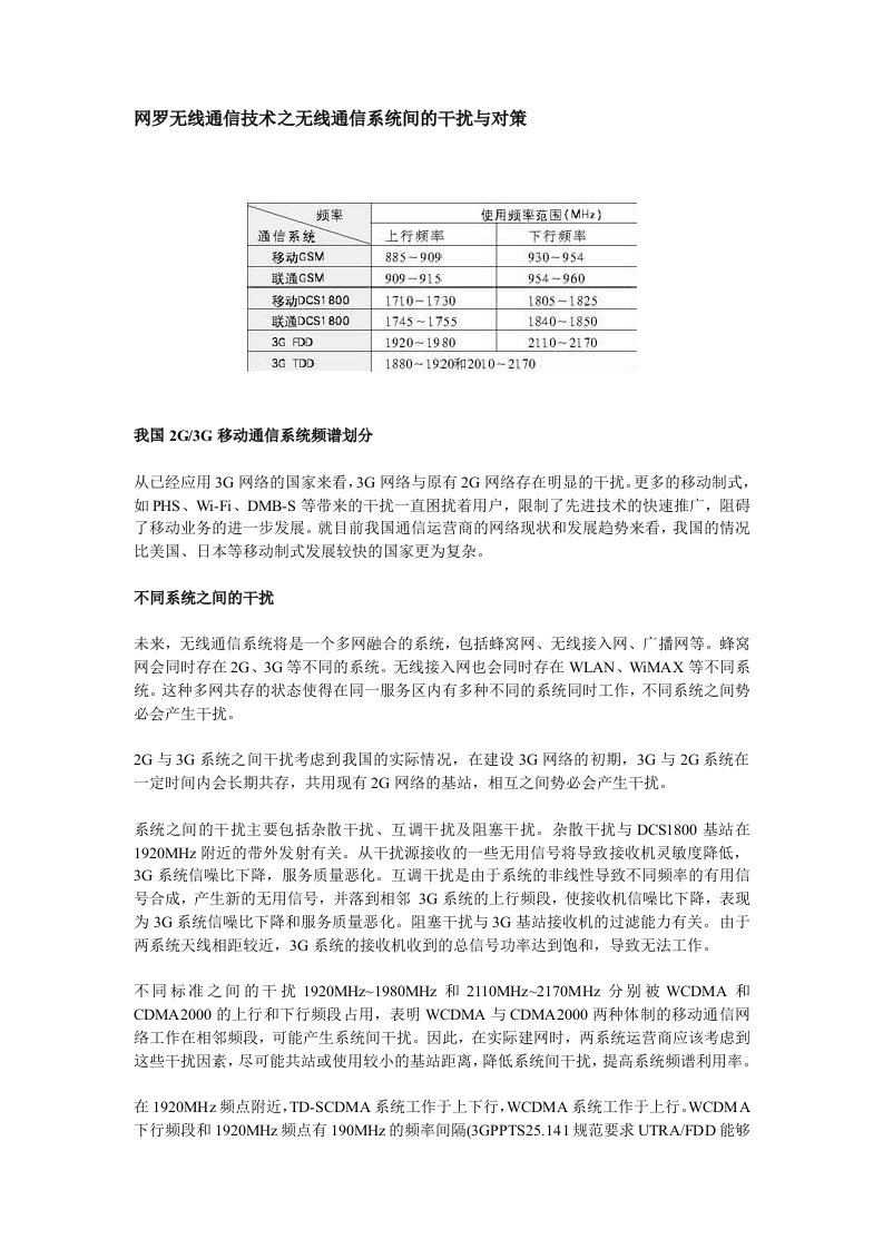 网罗无线通信技术之无线通信系统间的干扰与对策