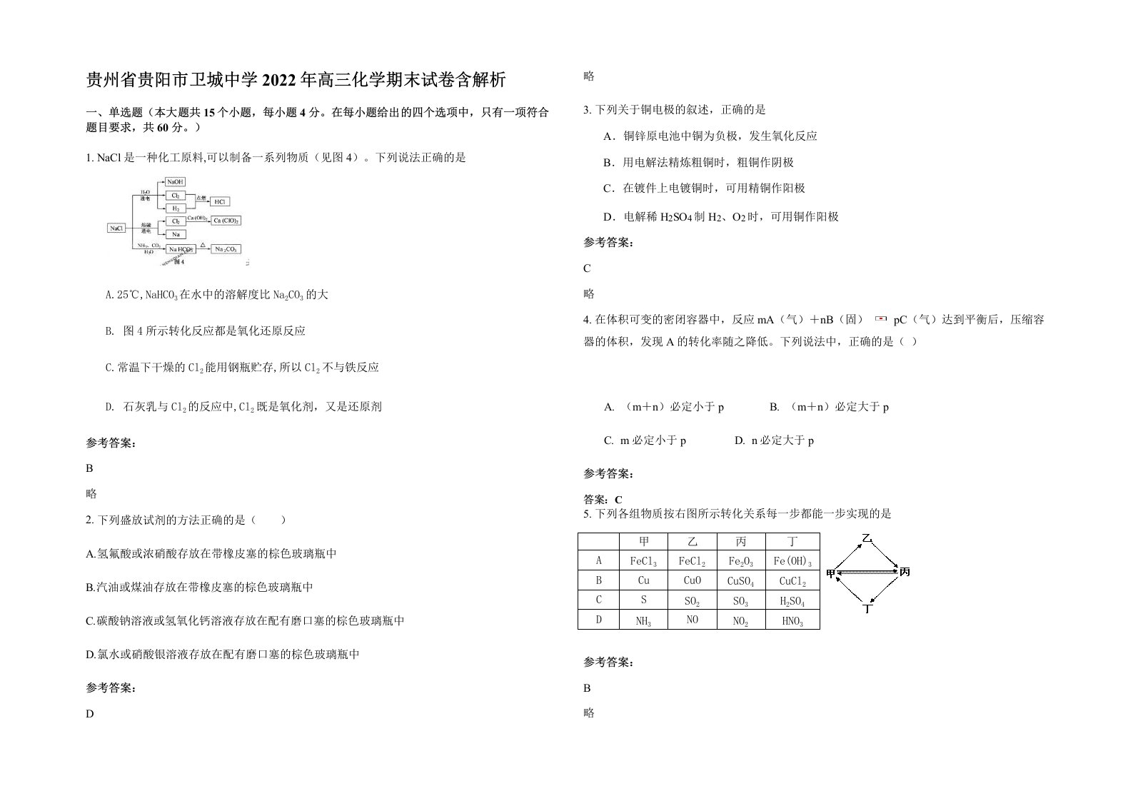 贵州省贵阳市卫城中学2022年高三化学期末试卷含解析