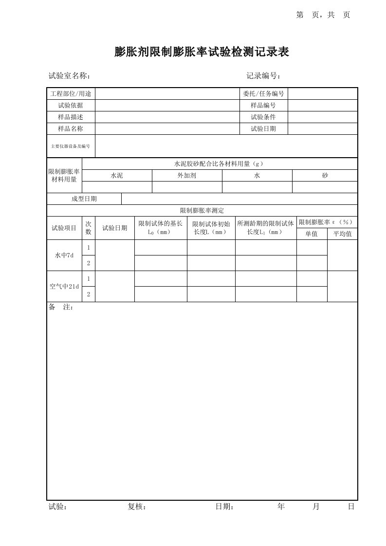 膨胀剂限制膨胀率试验记录表