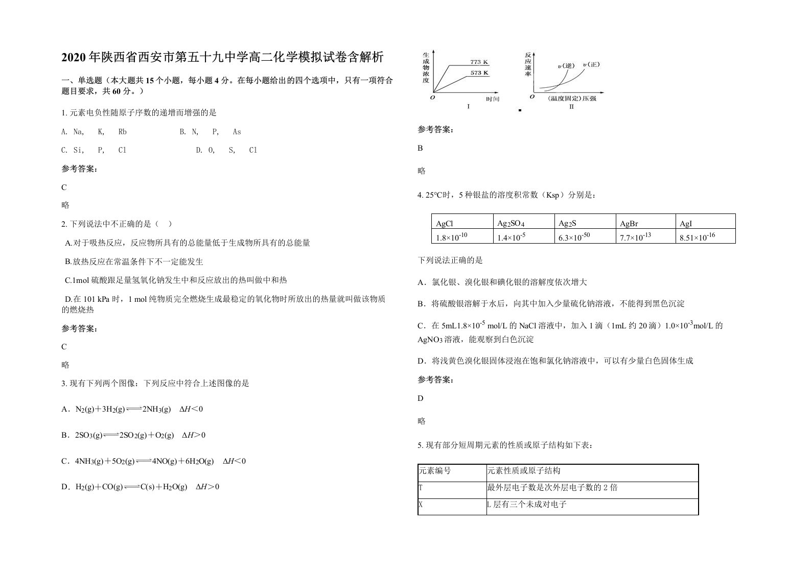 2020年陕西省西安市第五十九中学高二化学模拟试卷含解析