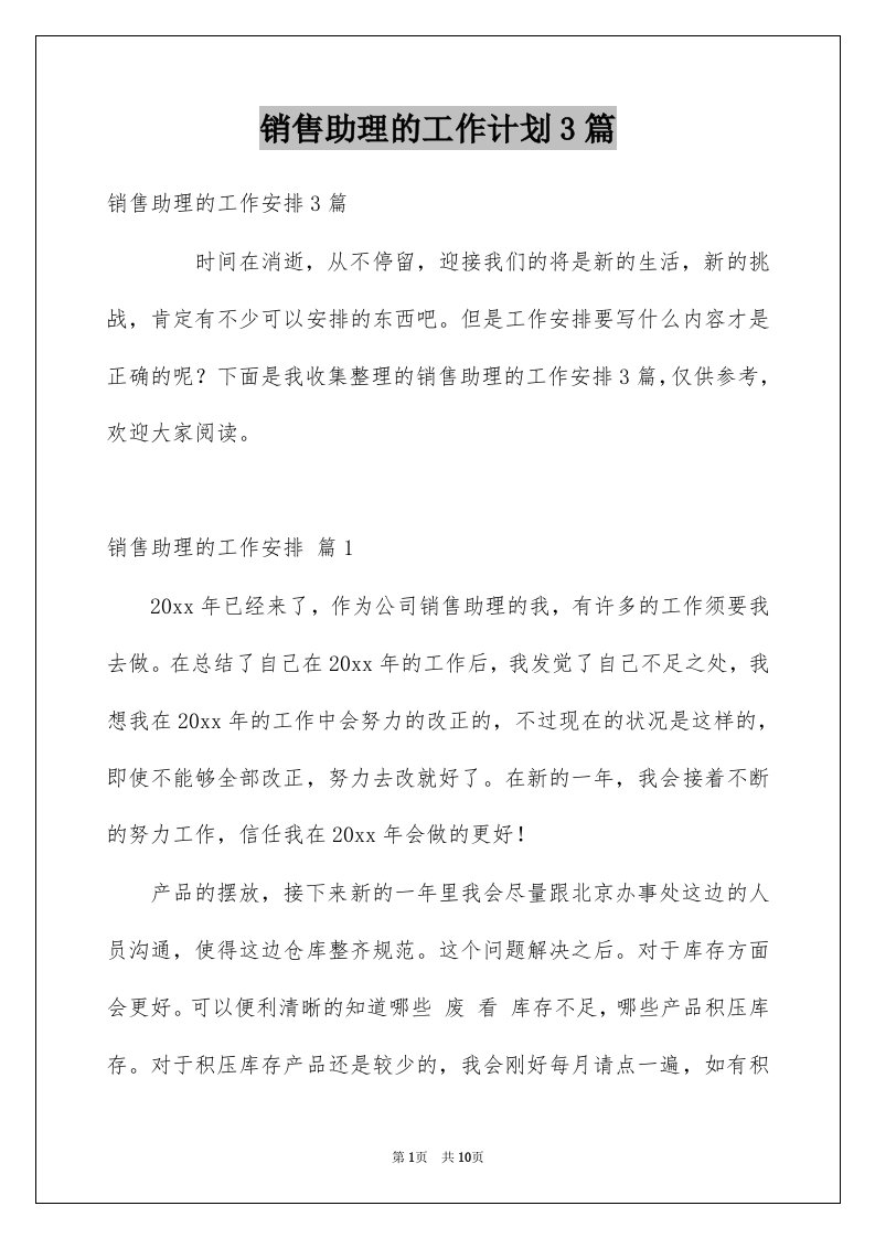 销售助理的工作计划3篇例文