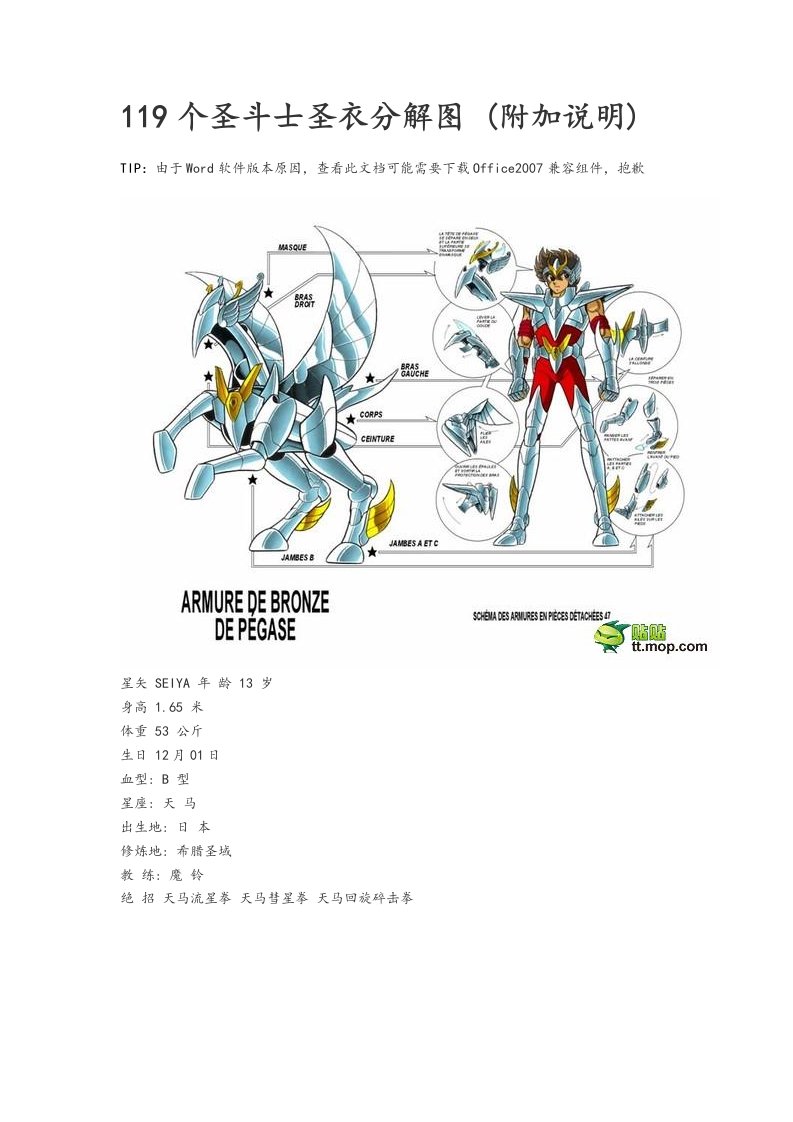 119个圣斗士圣衣分解图(附加说明书)