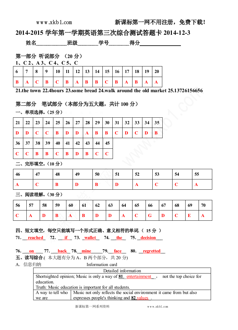 【小学中学教育精选】2014-2015学年第一学期英语第三次综合测试答题卡