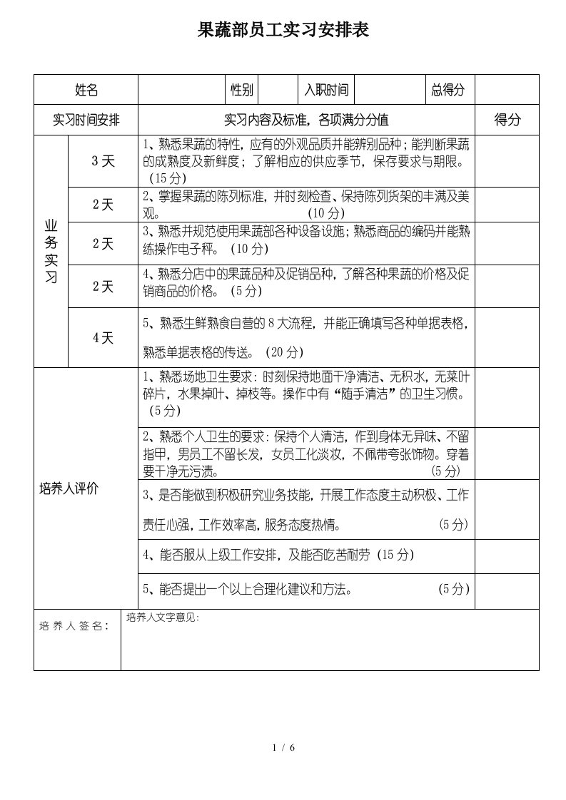 果蔬部员工实习安排表