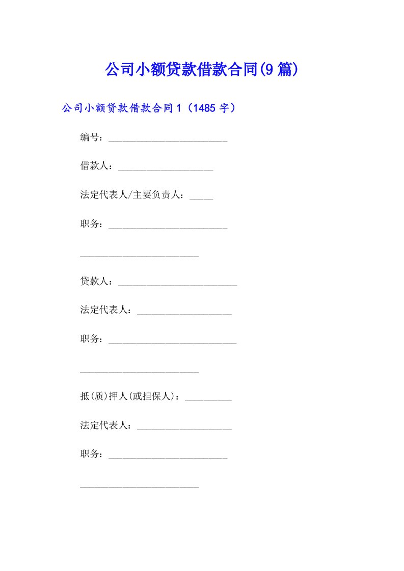 公司小额贷款借款合同(9篇)