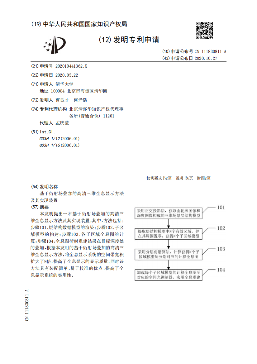 基于衍射场叠加的高清三维全息显示方法及其实现装置