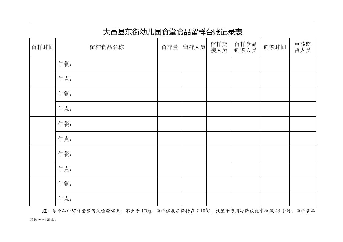 食堂食品留样台账记录表