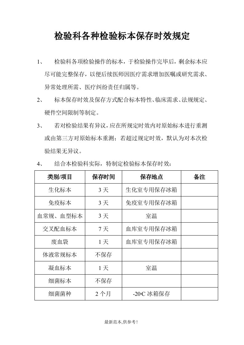 检验科各种检验标本保存时效规定