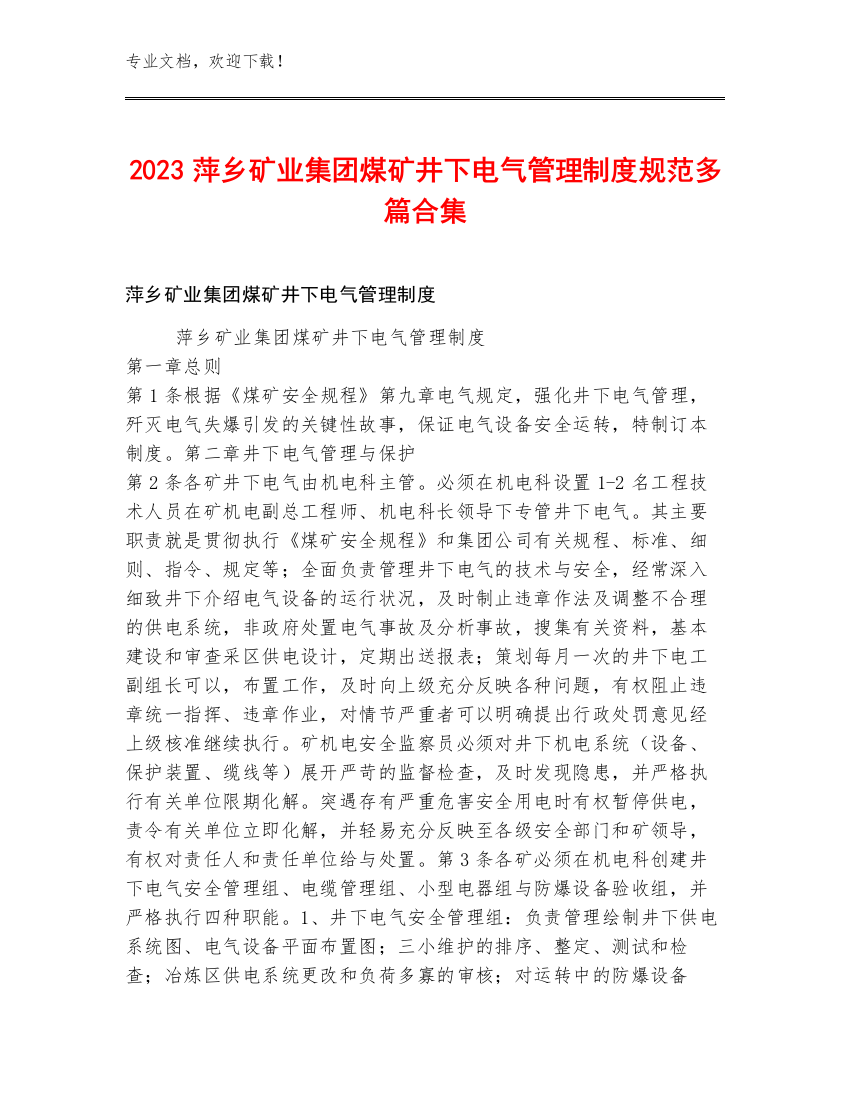 2023萍乡矿业集团煤矿井下电气管理制度规范多篇合集