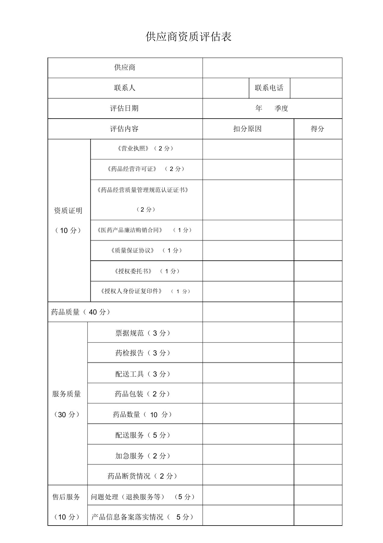 药品供应商评估表