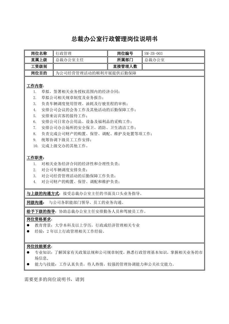 岗位职责-房地产行业总裁办公室行政管理岗位说明书