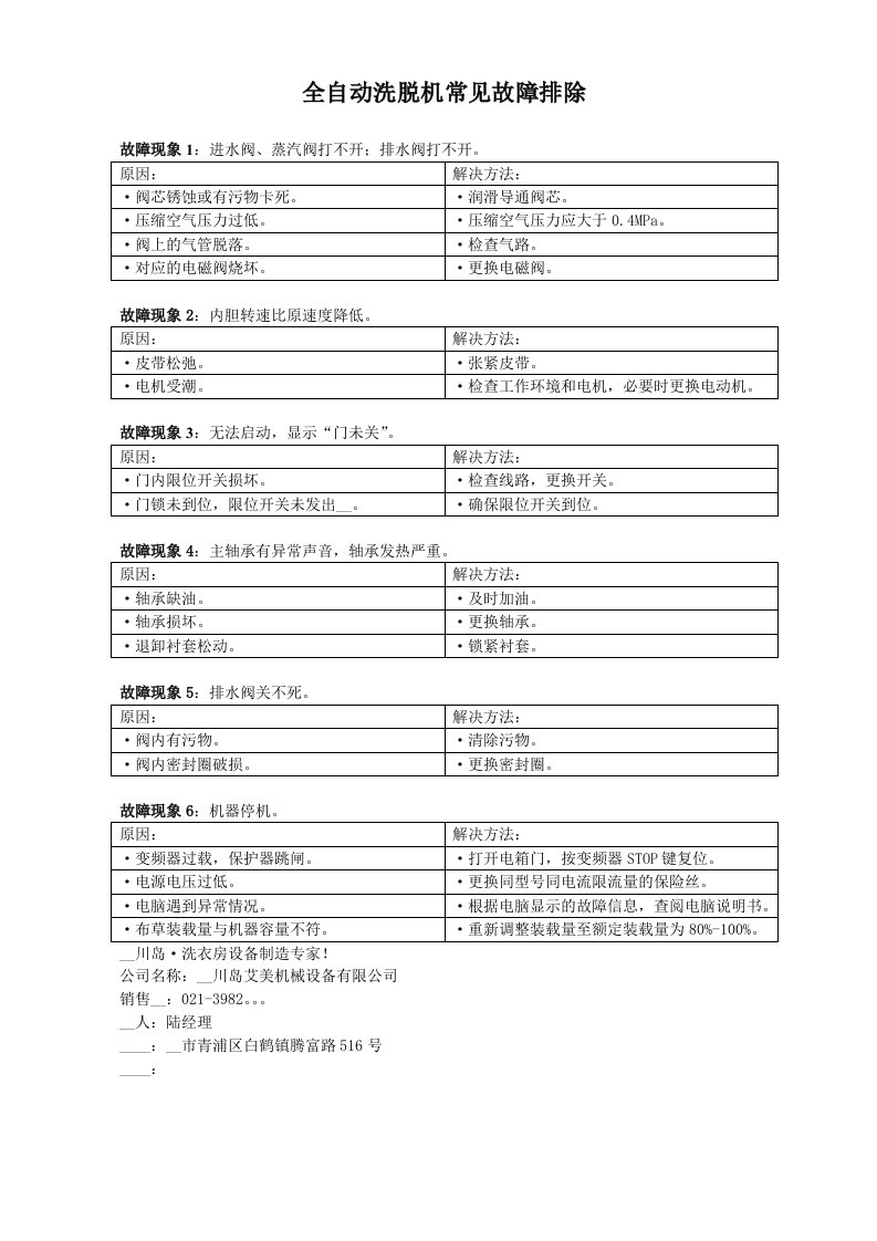 川岛洗涤设备常见故障排除-表格形式