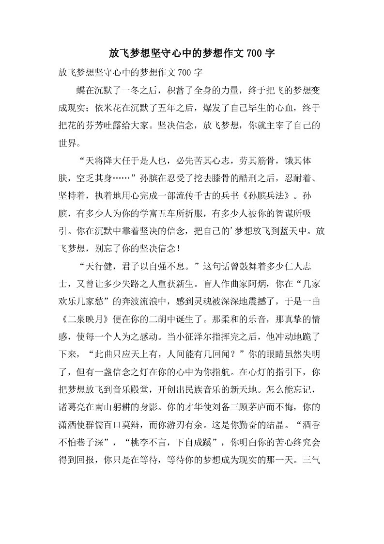 放飞梦想坚守心中的梦想作文700字