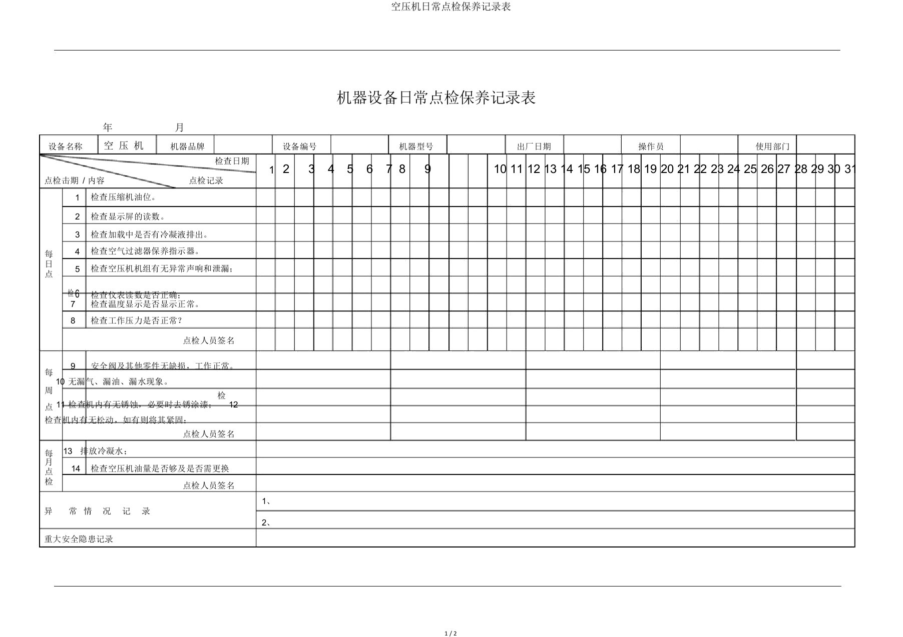 空压机日常点检保养记录表