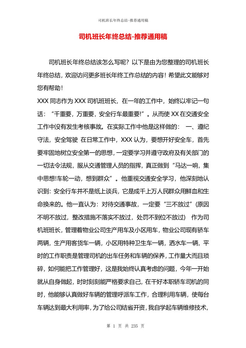 司机班长年终总结