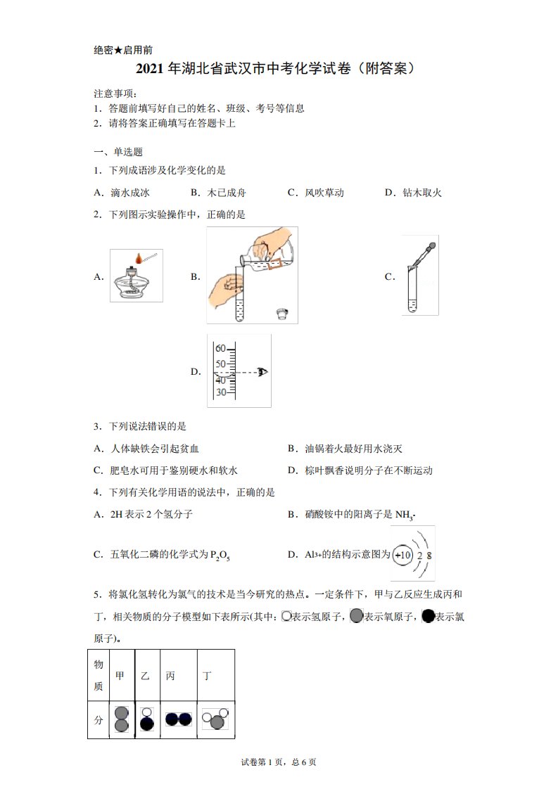 【中考真题】2024年湖北省武汉市中考化学试卷(附答案)